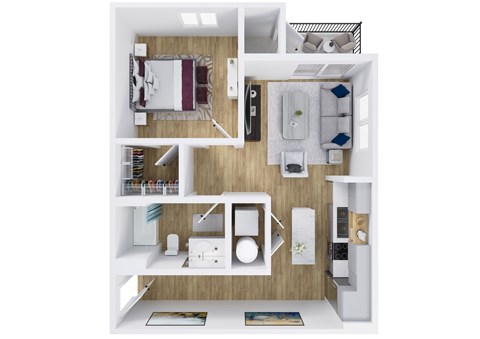 Floor plan for 1 bed, 1 bath, 733 sqft